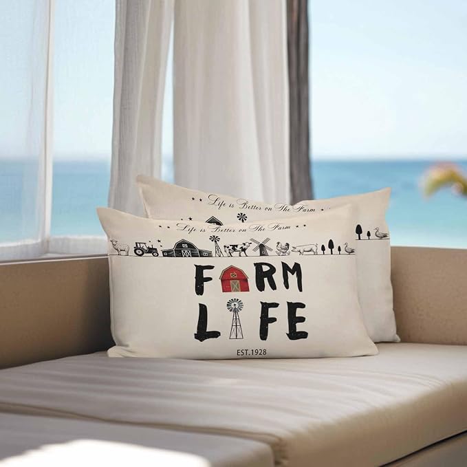 Outdoor Throw Pillows Covers 20x12 inch Set of 2 Waterproof Farm Life Decorative Zippered Cushion Covers for Patio Furniture, Retro Farmhouse Red Barn Windmill Cow Chicken Tractors Lumbar Pillowcases