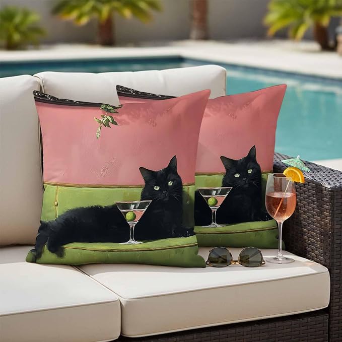 Funny Cat Outdoor Pillow Covers 18x18 Inch Throw Pillow Covers Set of 2 Waterproof Decorative Pillow Cases Vintage Wine Animals Green Sofa Pink Cushion Covers for Patio Furniture Garden Couch Sofa