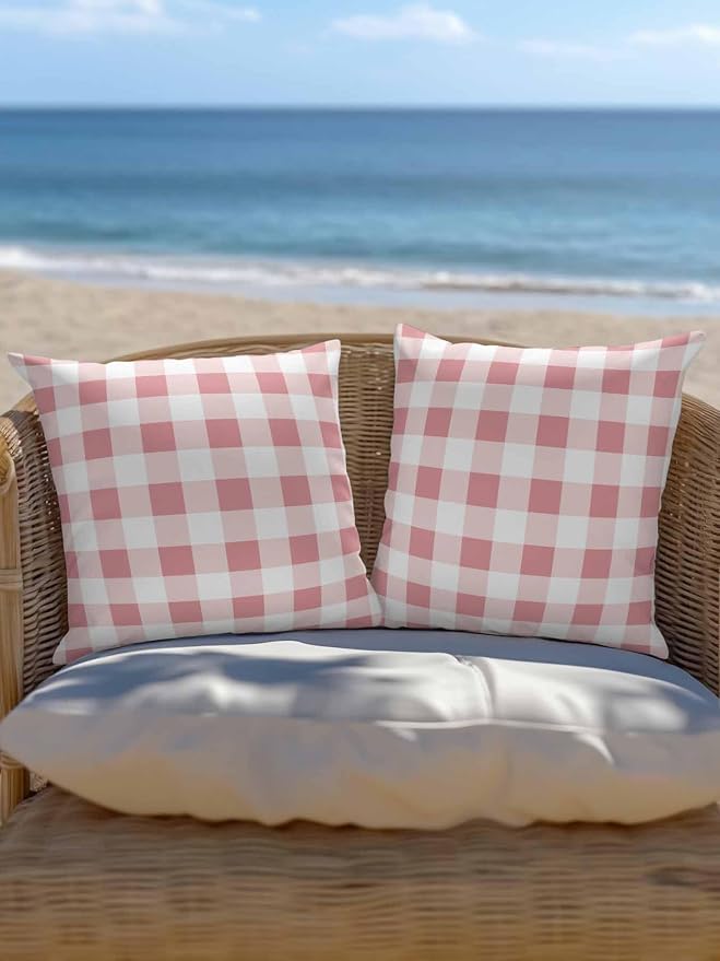 Waterproof Outdoor Pillow Set of 2 Pink Buffalo Plaid Decorative Throw Pillows Cover & Insert 16x16 Inch Pillowcase Check Lines Square Pillows for Couch Sofa Bed Patio Furniture Indoor Outdoor