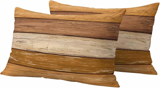 Farmhouse Yellow Brown Outdoor Waterproof Pillow Covers, Vintage Wooden Striped Decorative Rectangle Throw Pillowcase Sofa Cushion Sham for Patio/Couch/Chair, 20"x12" 2 Pack