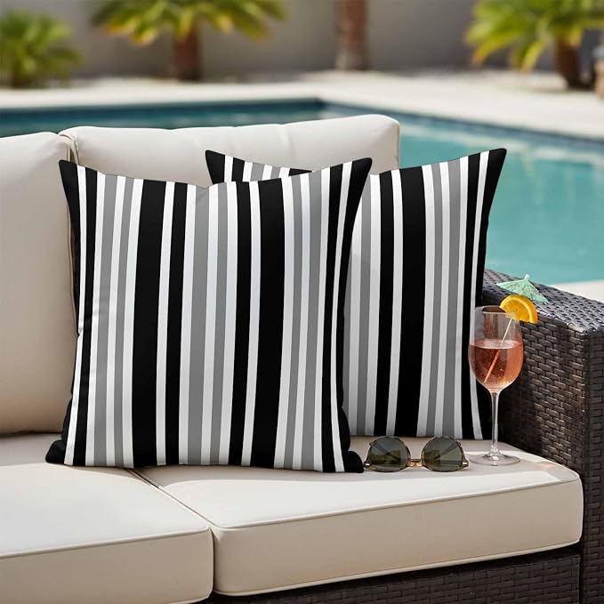 Black Grey Stripe Outdoor Pillow Covers 26x26 Inch Throw Pillow Covers Set of 2 Waterproof Decorative Pillow Cases Farmhouse Minimalist Striped Cushion Covers for Patio Furniture Garden Couch Sofa