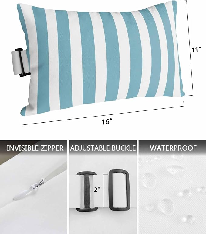 DecorLovee Aqua Striped Outdoor Recliner Pillows for Head, Farmhouse Waterproof Chair Pillow with Elastic Stripe, Blue White Stripes Chaise Lounge Headrest Pillow for Patio/Beach/Pool 1Pack, 11"x16"