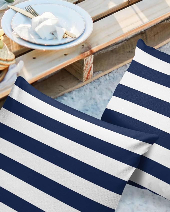 Outdoor Throw Pillow Cover Simple Navy Blue White Stripes Waterproof Cushion Covers 2 Pack Nautical Theme Stripe Pillow Cases Home Decoration for Patio Garden Couch Sofa