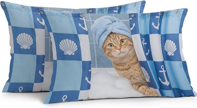 Bathing Cat Waterproof Outdoor Pillow Covers Set of 2 Home Decor, Funny Animal Showering Lumbar Pillowcase Patio Pillow Covers for Couch Bench Patio Furniture Garden 20x12in