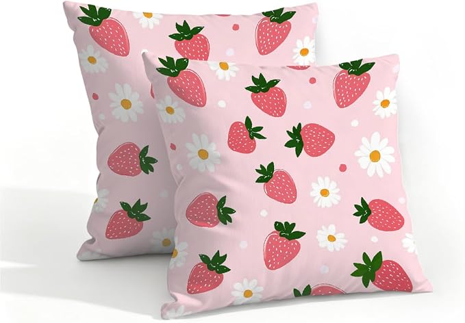 16x16 Inch Outdoor Pillow Covers Set of 2 Waterproof Throw Pillow Covers Decorative Couch Cushion Covers Pink Strawberries Daisy Square Pillowcases Protectors for Patio Garden Sofa