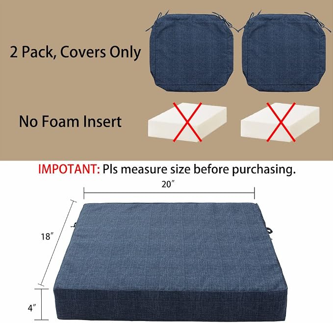 Magpie Fabrics Indoor Outdoor Cushion Cover Replacement 2 Pack, NO Insert! Water Repellent Slipcover with Ties Decor for Patio Garden Chair Seat Sofa Bench Wicker(Navy Blue Textured, 20x18x4 Inch)