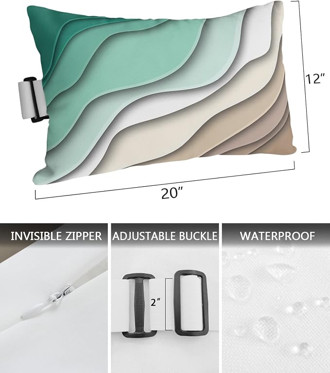 Geometric Ombre Lounge Pillows Outdoor, Aesthetic Green Brown White Gradient Abstract Head Pillows, Modern Waterproof Patio Furniture Lumbar Pillows with Adjustable Elastic Strap for Recliner Beach