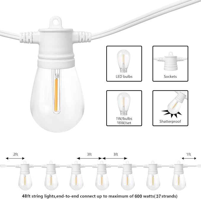 SUNTHIN White String Lights, 48ft White Outdoor Lights with 16 1W Shatterproof LED Bulbs for Patio, Garden, Backyard, Porch, Cafe, Deck, Wedding, Party
