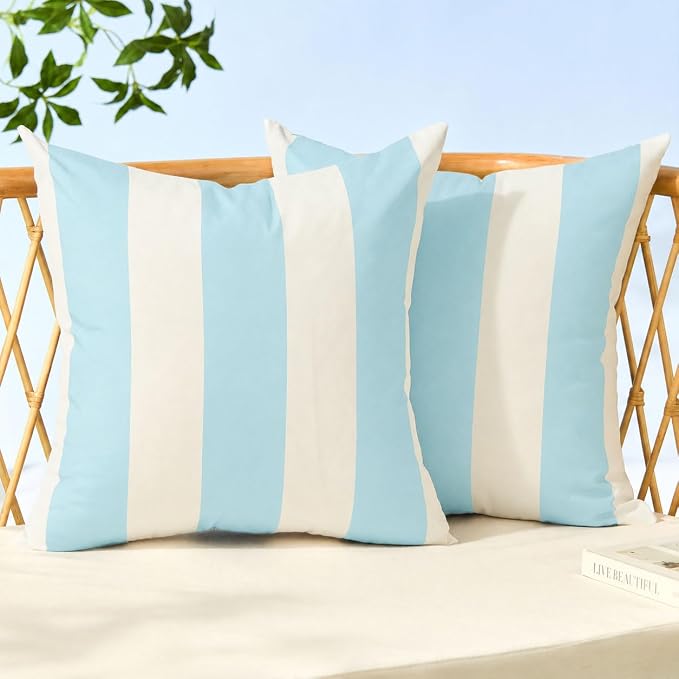 Allorry Outdoor Pillow Covers 18x18 Light Blue Striped Outdoor Decor 007O18 | Striped Pillow Covers|for Spring Summer Outdoor Waterproof Garden Patio Furniture Sofa Bed Home Decor