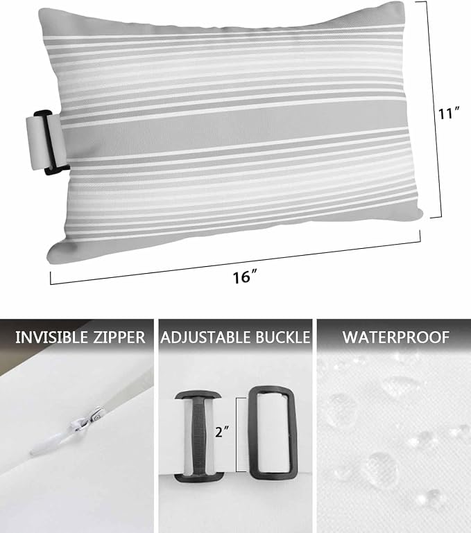 Pack of 2 Outdoor Lumbar Pillow Covers 11x16 Inch, Grey Striped Waterproof Throw Pillow Covers Set, Gray Ombre Farmhouse Stripes Indoor&Outdoor Decorative Cushion Cases for Patio Porch Car