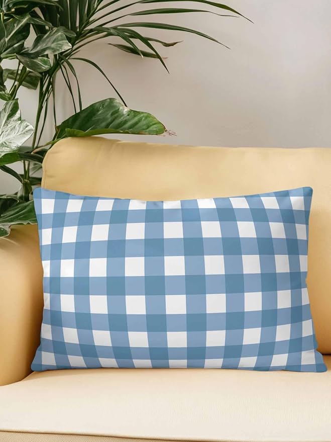 Waterproof Outdoor Pillow 1 Pack Buffalo Plaid Decorative Throw Pillows Cover & Insert 20x12 Inch Lumbar Pillowcase Blue Check Lines Pillows for Couch Sofa Bed Patio Furniture Indoor Outdoor