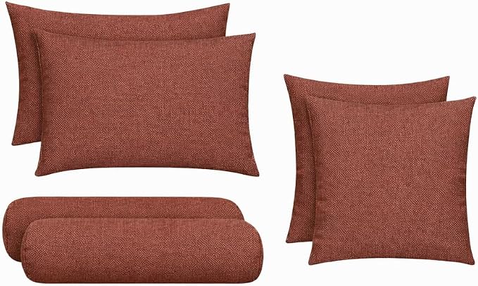 RSH DECOR: 6-Pack Pillow Set | Sunbrella Performance Fabric |Water & Fade-Resistant| 17" Square, 20"x12" Lumbar, 20"x6" Neck Roll | Outdoor Throw Pillows | Made in USA (Essential Russet)