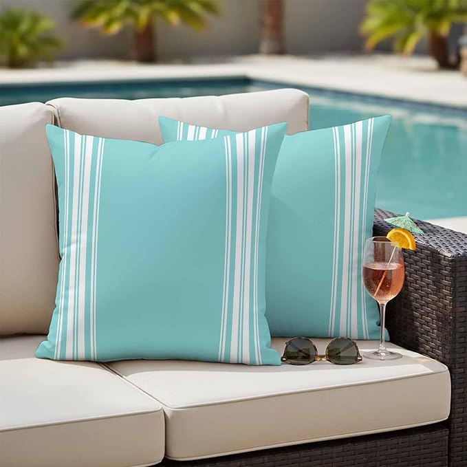 Outdoor Pillow Covers 18x18 Set of 2 Teal Stripes Outdoor Pillows Waterproof Throw Pillow Covers French Stripe Farmhouse Style Pillowcases Decorative Case for Patio Cushion
