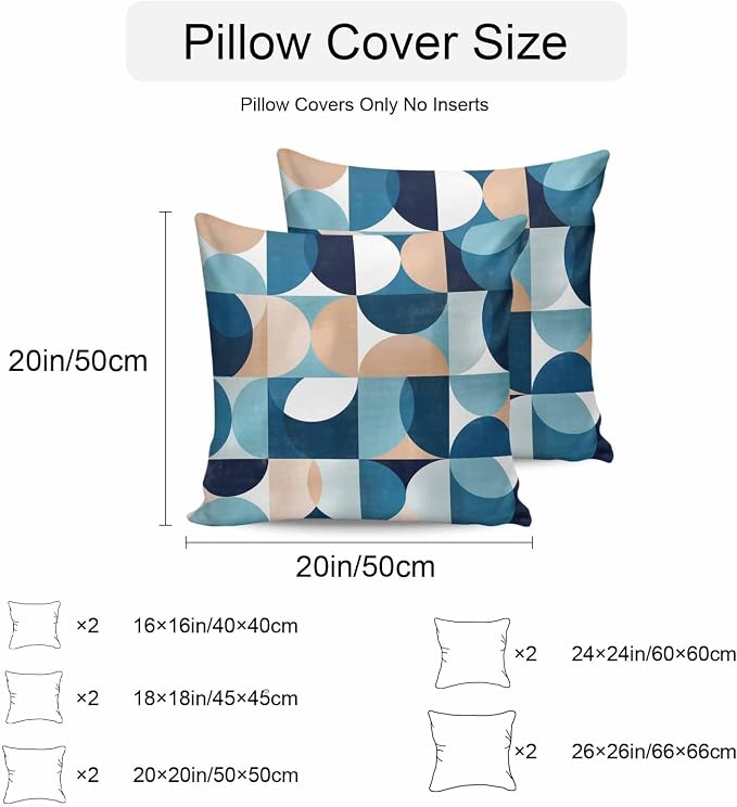 Vandarllin Outdoor Throw Pillows Covers 24x24 inch Set of 2 Waterproof Mid Century Geometric Decorative Zippered Cushion Covers for Patio Furniture, Abstract Modern Blue Lumbar Pillowcases