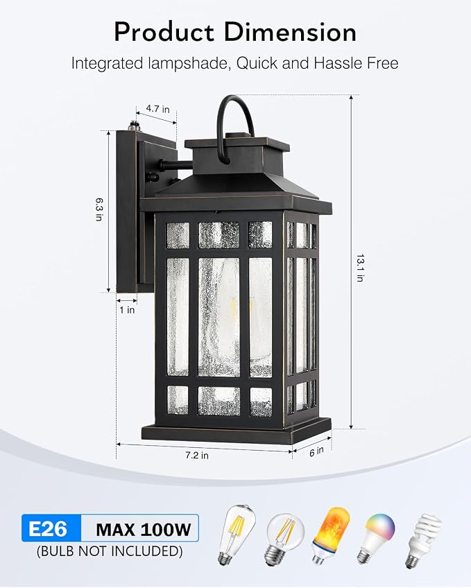 Exterior Lighting Fixtures, Black Porch Lights Outdoor with Gold Trim, Dusk to Dawn Porch Light with Seeded Glass, Aluminum Anti-Rust Waterproof Outdoor Wall Lantern for Houae, Garage, Doorway
