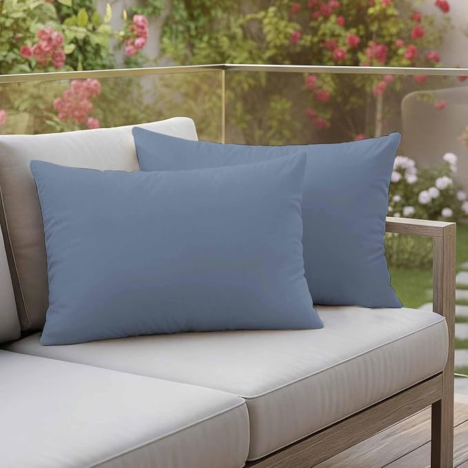 Lumbar Pillow Covers 12 x 20 Inches, Blue Pure Color Waterproof Throw Pillow Cover Set of 2, Aesthetics Contemporary Luxury Decorative Rectangle Cushion Covers for Patio/Couch/Garden