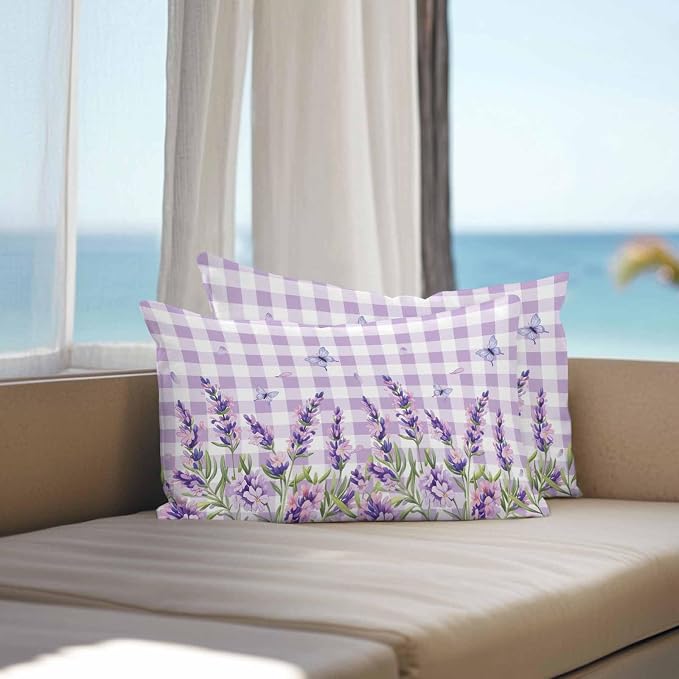Vandarllin Outdoor Throw Pillows Covers 20x12 inch Set of 2 Waterproof Purple Lavender Flower Decorative Zippered Cushion Covers for Patio Furniture, Butterfly Buffalo Plaid Lumbar Pillowcases