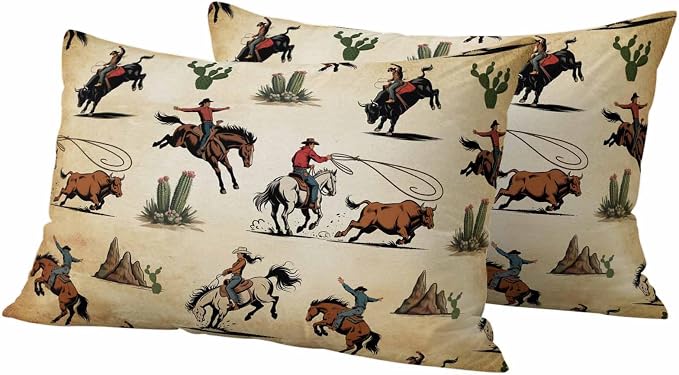 Western Cowboys Outdoor Pillow Covers Waterproof, All Weather Cushion Case Set of 2, Brown Vintage Country Cactus Lumbar Pillowcase for Sofa Couch Bed Decor Patio Furniture 20"x12"