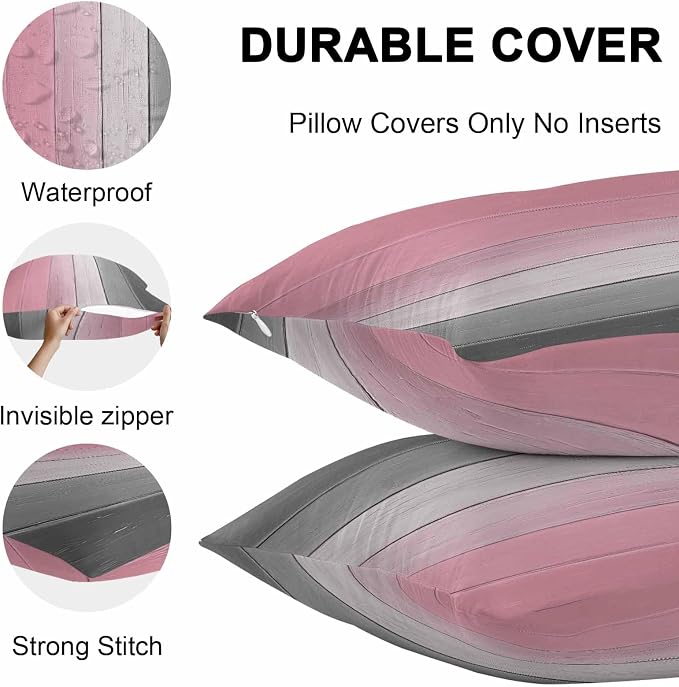 Throw Pillow Covers 24x24 Inch Set of 2, Pink Gray Ombre Waterproof Outdoor Cushion Covers, Vintage Country Wooden Decorative Pillowcases for Couch, Sofa, Bed, Garden, Patio