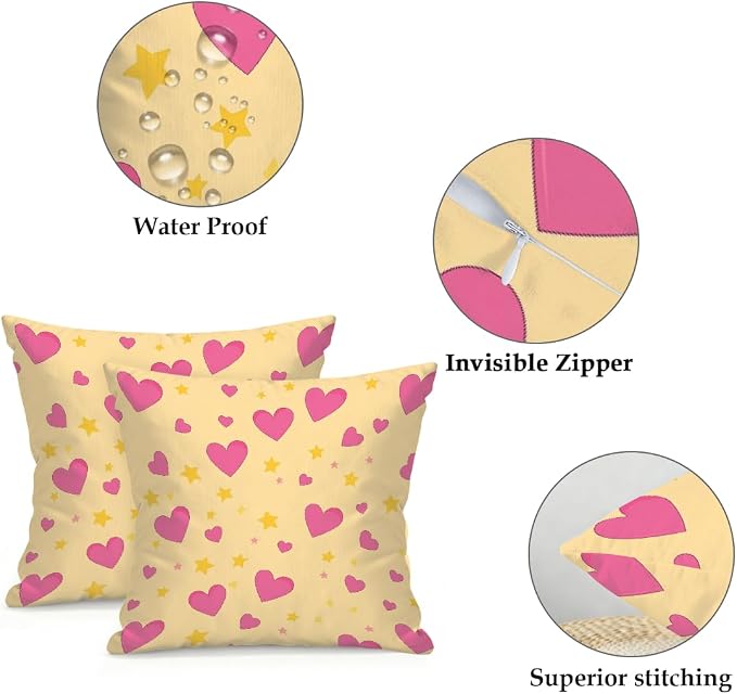 18x18 Inch Outdoor Pillow Covers Set of 2 Waterproof Throw Pillow Covers Decorative Couch Cushion Covers Pink Hearts Yellow Stars Square Pillowcases Protectors for Patio Garden Sofa