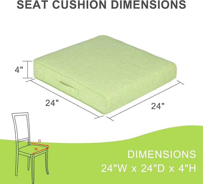 Aoodor Patio Chair Cushions Set of 4, 24 x 24 x 4 Inch Water Resistant Outdoor Seat Cushions with Handle and Ties, Square Corner Cushions for Patio Furniture Garden Lawn, Green