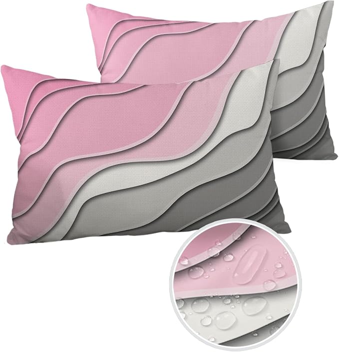 Outdoor Waterproof Pillow Covers for Patio Furniture Pink Modern Geometric Decorative Throw Pillow Cover Abstract Beach Pillowcases Set of 2 Cushion Case for Sofa Couch Chair Home Decor 20 x 12 Inches
