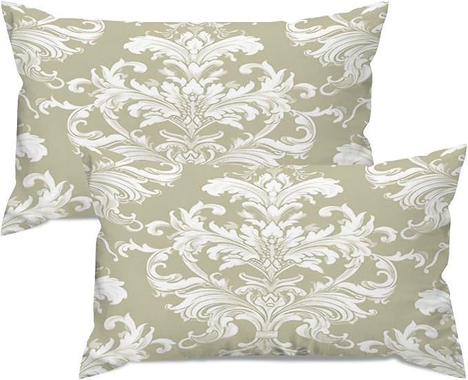 Set of 2 Tan Off Green White Damask Pattern Print Decorative Throw Pillow Covers 12x20in Farmhouse Rectangle Accent Pillow Cases Cushion Cover Cases for Sofa Chair Bedroom Home Decor