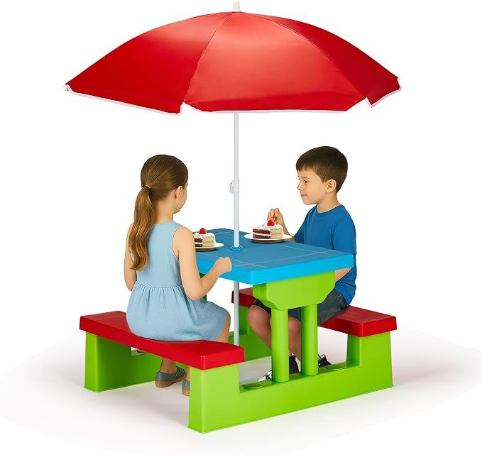 Kids Table and Chair Set, Toddler Plastic Outdoor Table & Bench Set with Removable Umbrella, Children Picnic Table Fits 4 Children for Backyard Garden, Red & Green & Blue