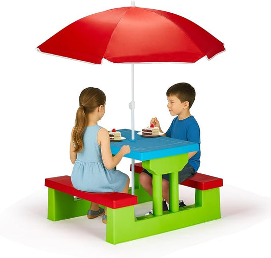 Kids Table and Chair Set, Toddler Plastic Outdoor Table & Bench Set with Removable Umbrella, Children Picnic Table Fits 4 Children for Backyard Garden, Red & Green & Blue