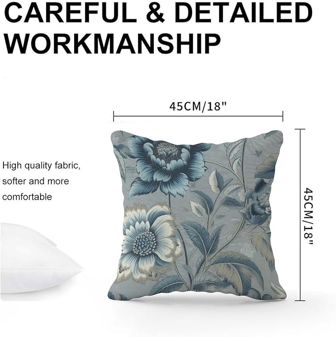 Spa On Flax Blue Chinoiserie Pillowcase Blue Grey Asian Flower Pillow Covers 18x18 INRetro Accent Outdoor Garden Decoration for Patio Couch Sofa Office