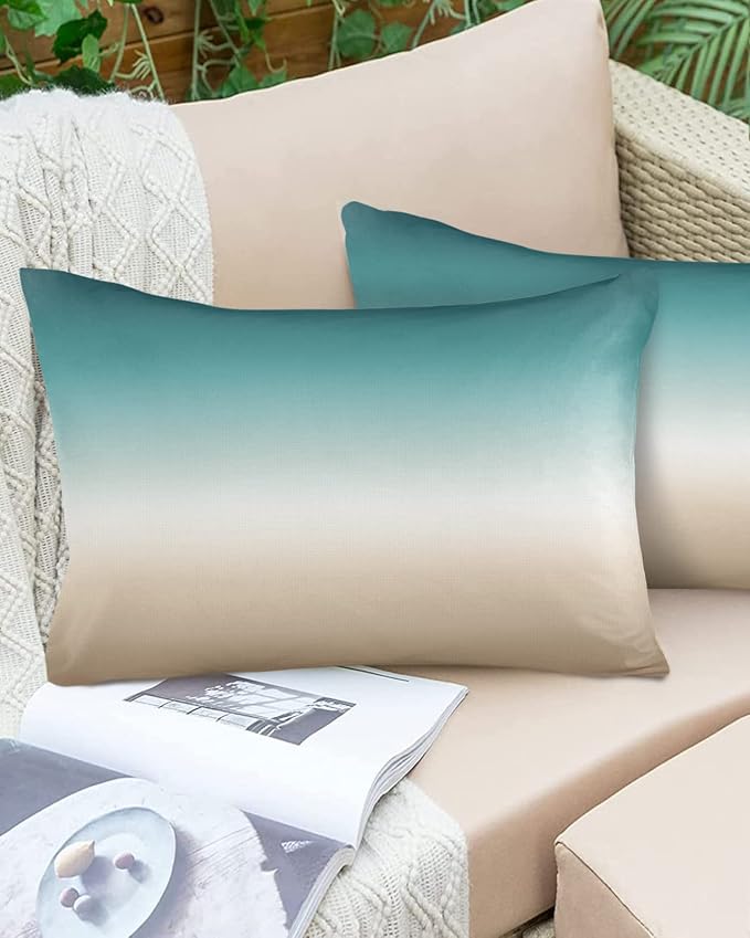 Outdoor Pillow Covers Waterproof Teal Beige Ombre Cream All Weather Cushion Case Set of 2, Modern Turquoise Abstract Art Aesthetics Lumbar Pillowcase for Sofa Couch Bed Decor Patio Furniture 20"x12"