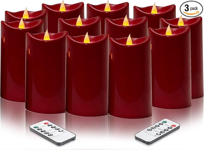 3 Pack Flameless Candles with Remote & Timer Ivory Outdoor Waterproof Led Pillar Candles(D3“x H 4”/5”/6”), Battery Operated Candles for Home & Holiday Party Decor (Red, 12 Pack - D3 X H6)