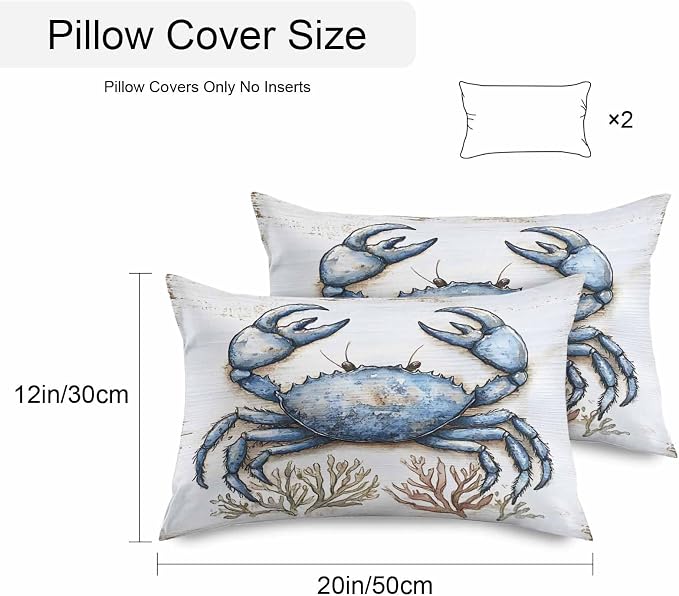 Blue Crab Coastal Outdoor Waterproof Pillow Covers, Nautical Summer Coral Ocean Beach Decorative Rectangle Throw Pillowcase Sofa Cushion Sham for Patio/Couch/Chair, 20"x12" 2 Pack