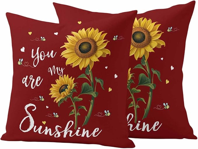 You Are My Sunshine Outdoor Pillow Covers Set of 2 Vintage Country Yellow Sunflower Floral Bees Heart Red Waterproof Throw Pillow Cover Decorative Cushion Cases for Patio Porch Garden 24X24 Inch