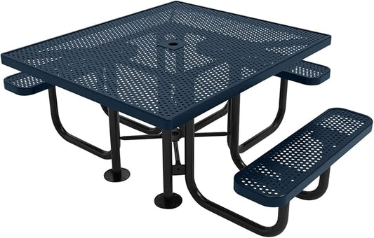 COATEDOUTDOORFURNITURE Heavy-Duty Portable ADA-Compliant Outdoor Picnic Table with Umbrella Hole, Punched Steel Patio Dining Furniture Made in America (46" Square Top, Dark Blue)