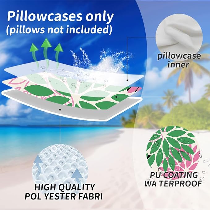 DFXSZ Outdoor Waterproof Pillow Covers 18x18 Set of 2 Green Pink Flower | Spring Summer Waterproof Flower Throw Pillowcases（No Inserts）Decor for Valentines Patio Funiture Garden Polyester Covers