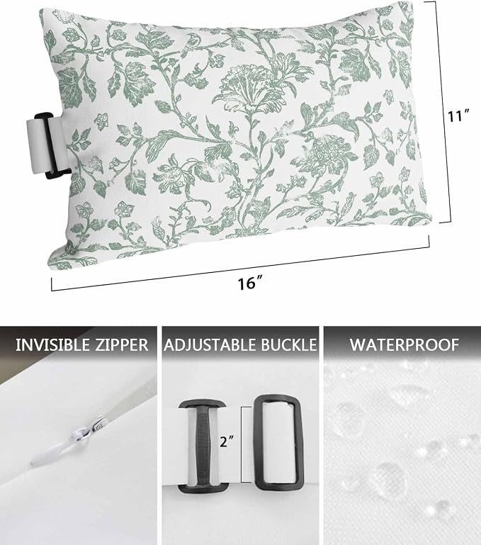 Pack of 4 Outdoor Lumbar Pillow Covers 11x16 Inch, Green Flower Waterproof Throw Pillow Covers Set, Farmhouse Vintage Boho Leaf Spring Indoor&Outdoor Decorative Cushion Cases for Patio Porch Beach