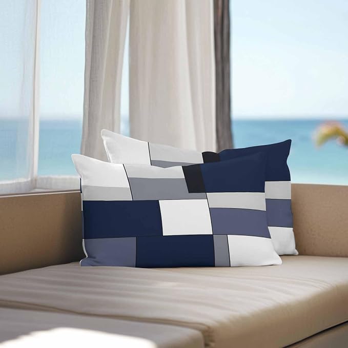 Modern Blue White Grey Plaid Outdoor Pillow Covers 20x12in Pack of 2 Waterproof Pillowcase Abstract Geometric Checkered Decorative Throw Cushion Case for Patio Couch Sofa