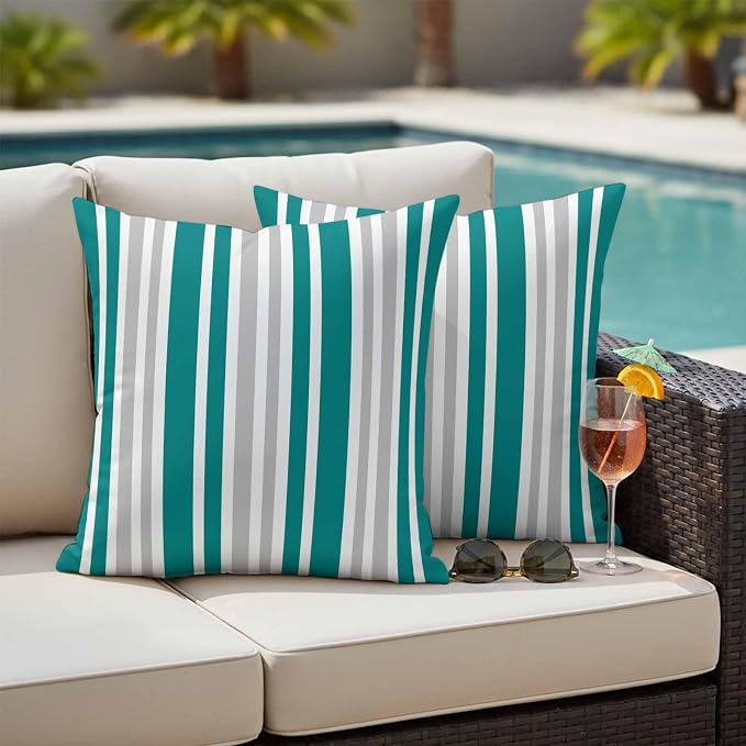 Teal Grey Stripe Outdoor Pillow Covers 16x16 Inch Throw Pillow Covers Set of 2 Waterproof Decorative Pillow Cases Farmhouse Minimalist Striped Cushion Covers for Patio Furniture Garden Couch Sofa