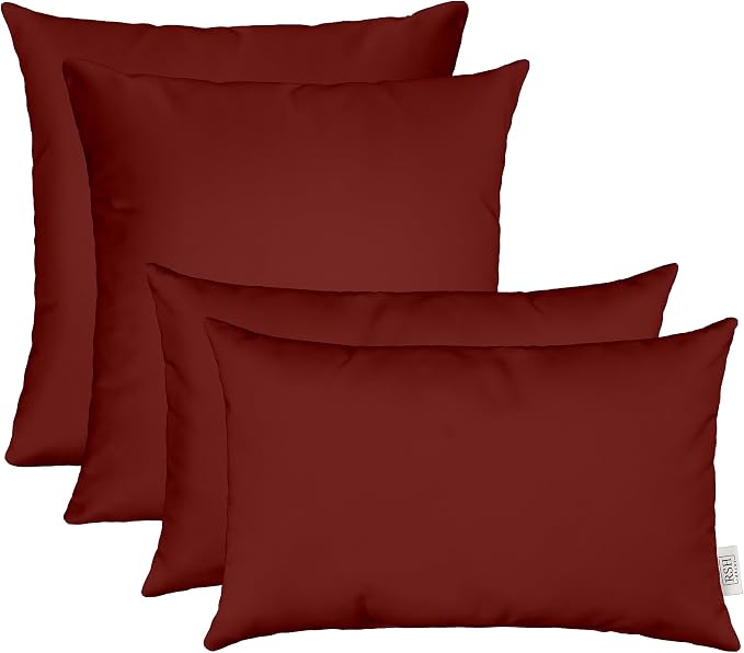 RSH DECOR: Sunbrella Lumbar & Square Pillows Set of 4 | 20" x 12" & 17" x 17" | Water and Fade-Resistant Performance Fabric | Outdoor Throw Pillows for Patio Furniture | Canvas Burgundy