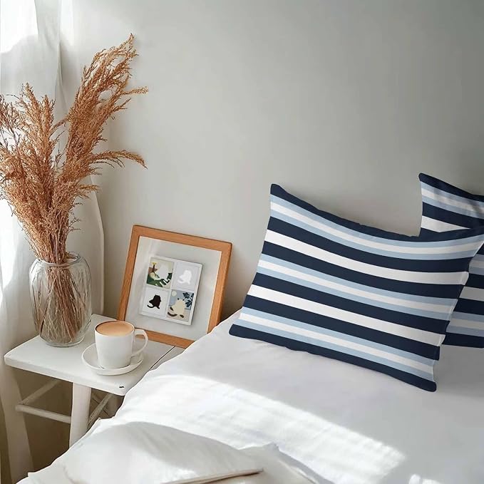 Blue Navy Striped Outdoor Pillow Covers Waterproof, All Weather Cushion Case Set of 2, Modern Ombre Abstract Lines Pattern Lumbar Pillowcase for Sofa Couch Bed Decor Patio Furniture 20"x12"
