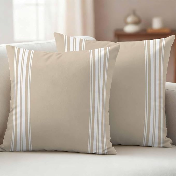 Outdoor Pillow Covers 20x20 Set of 2 Khaki Stripes Outdoor Pillows Waterproof Throw Pillow Covers French Stripe Farmhouse Style Pillowcases Decorative Case for Patio Cushion