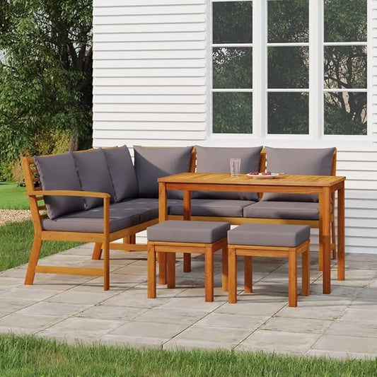 6-Piece Patio Dining Set, Solid Acacia Wood Outdoor Furniture with Thick Cushions, Rustic Brown Modular Garden Seating Sofa, Table and Footstools for Deck, Backyard and Terrace