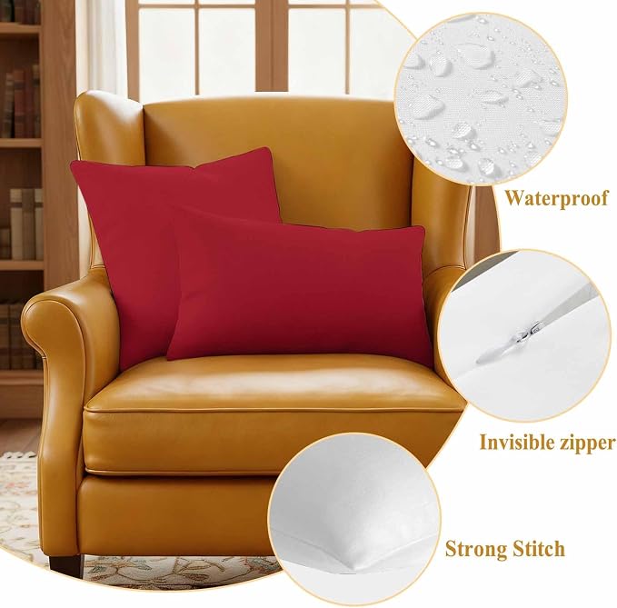 Red Outdoor Pillow Covers 26"x26" Set of 2, Solid Color Waterproof Throw Pillow Covers for Patio Furniture, Decorative Cushion Covers for Porch