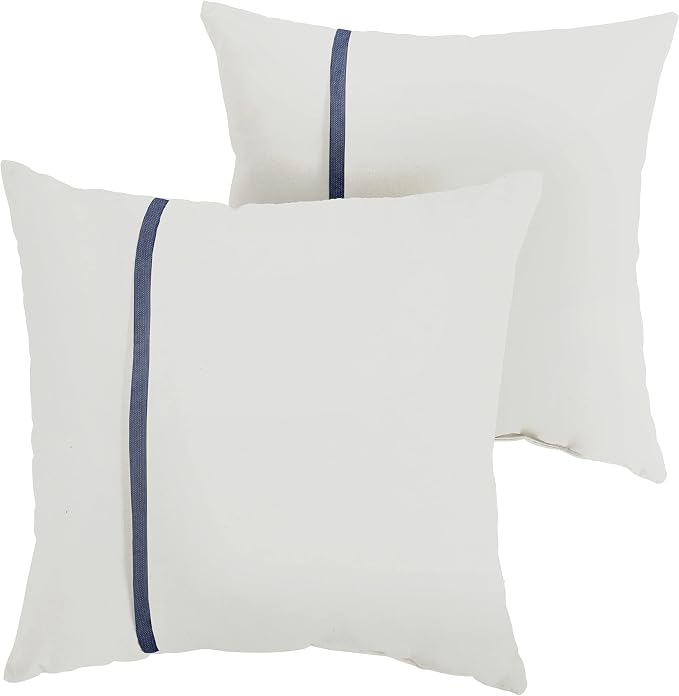 Sorra Home Indoor Outdoor Sunbrella Square Pillows, Set of 2, 20x20, Canvas Natural Ivory & Indigo Navy Blue