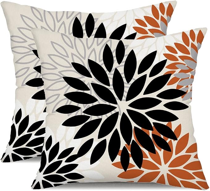 DFXSZ Outdoor Waterproof Pillow Covers 20x20 Set of 2 Black Orange Flower | Spring Summer Waterproof Flower Throw Pillowcases（No Inserts）Outdoor Decor for Fall Patio Funiture Garden Polyester Covers