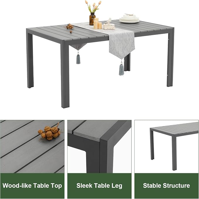 Outdoor Dining Table for 6 Person 60" Rectangular Patio Dining Table Outdoor Aluminum Tables for Garden Backyard Deck, Grey