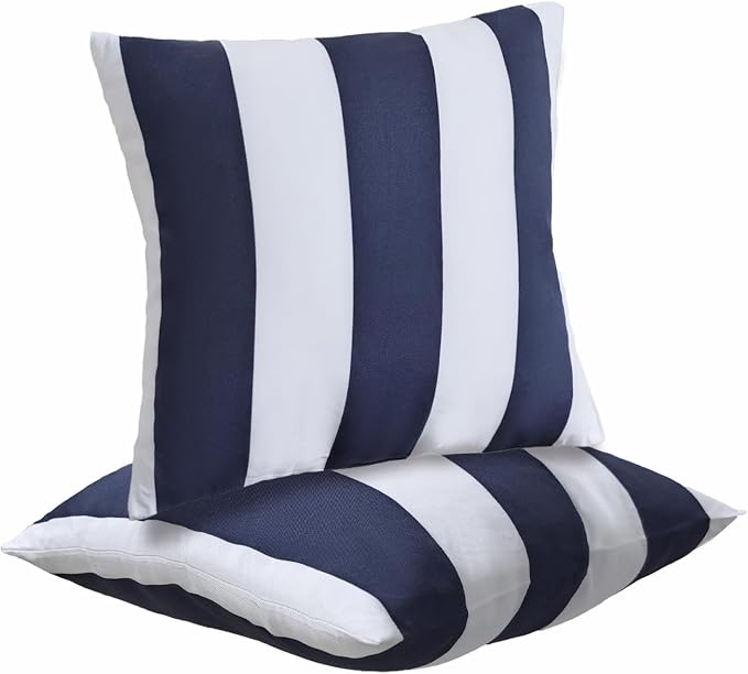 JMGBird 18x18 Blue with White Throw Pillows with Inserts Included | Pack of 2 Decorative Pillows with Inserts - 18x18 Water-Resistant Navy Blue with White Stripe Outdoor Throw Pillows