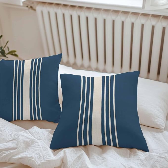 Throw Pillow Covers 20x20 Inch Set of 2, Navy Blue Beige Striped Waterproof Outdoor Cushion Covers, Modern Farmhouse Retro Lines Decorative Pillowcases for Couch, Sofa, Bed, Garden, Patio