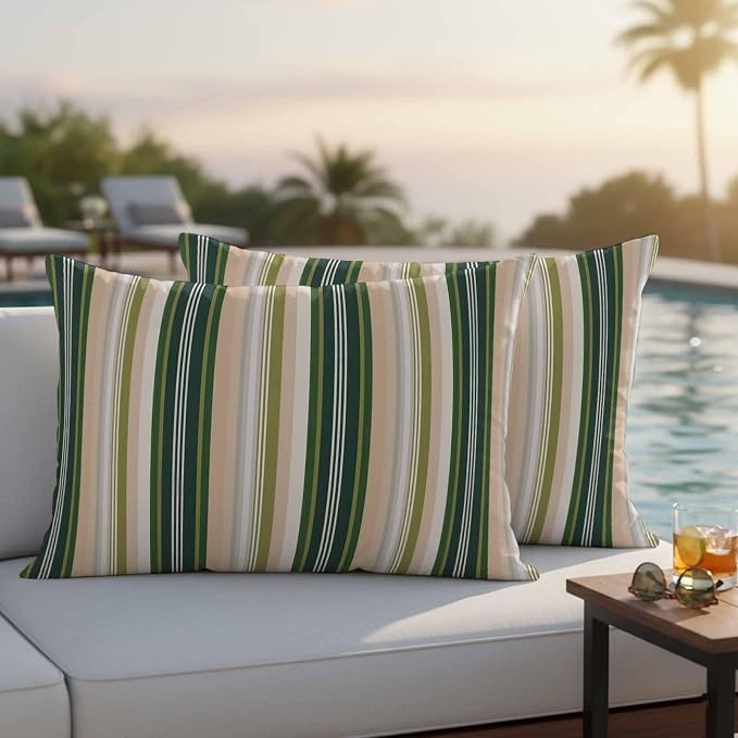 Green Brown Striped Outdoor Pillow Covers 20x12 Inch Lumbar Pillow Covers Set of 2 Waterproof Decorative Throw Pillow Cases Modern Stripes Art Farmhouse Cushion Covers for Patio Furniture Garden Couch